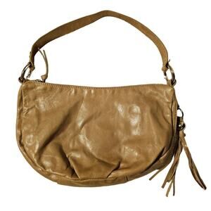 Hobo Leather Beige Nude Y2K shoulder purse bag. Damask floral fabric. Minimalist